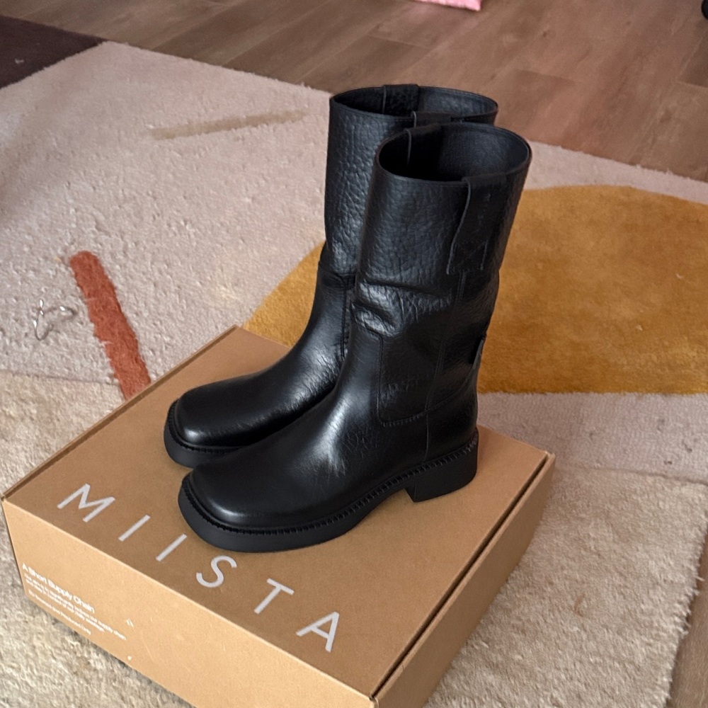 Miista Black Leather Mid-Calf Combat Boots
